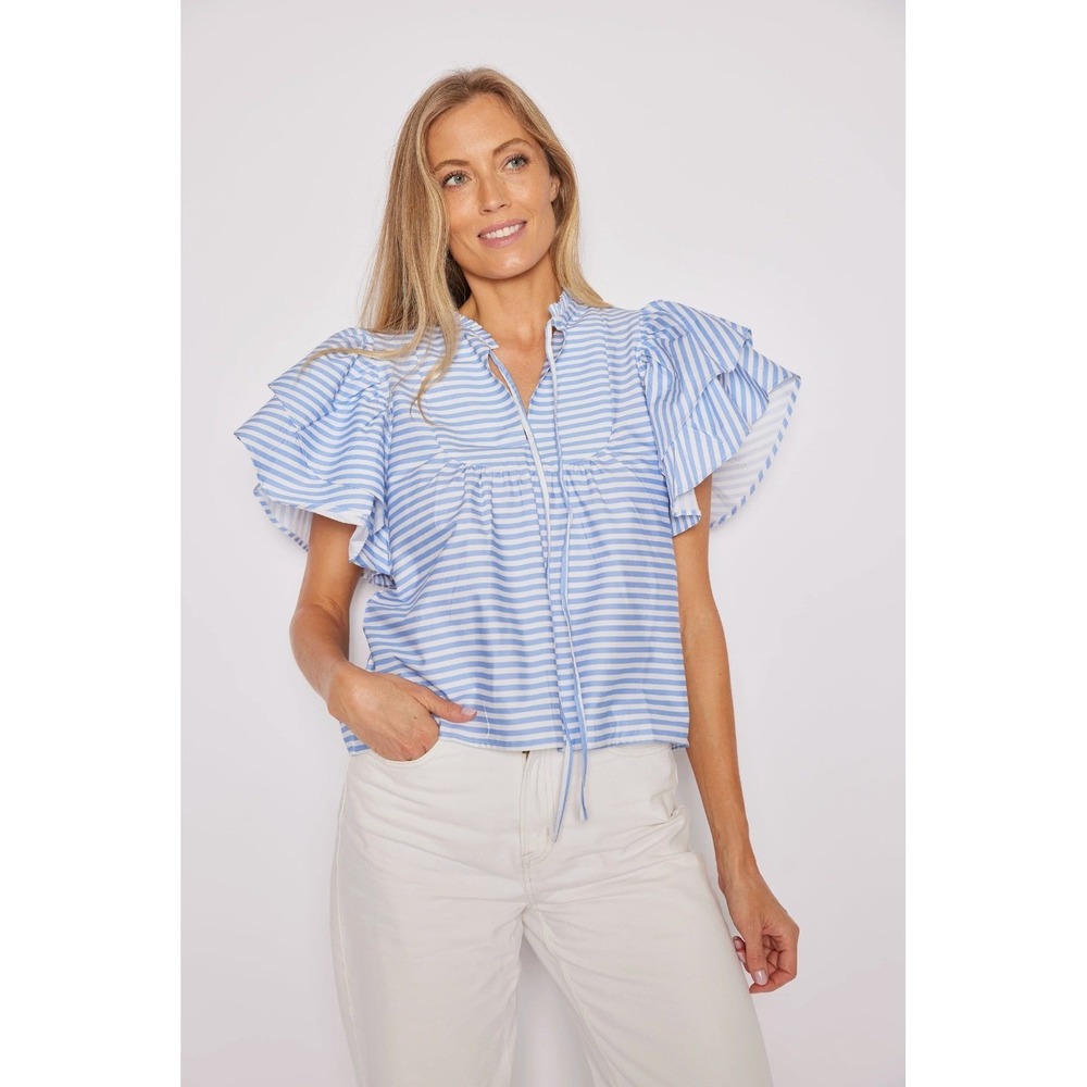 Sail to Sable Blue & White Stripe Ruffle Sleeve Top Blouse SMALL Coastal Preppy